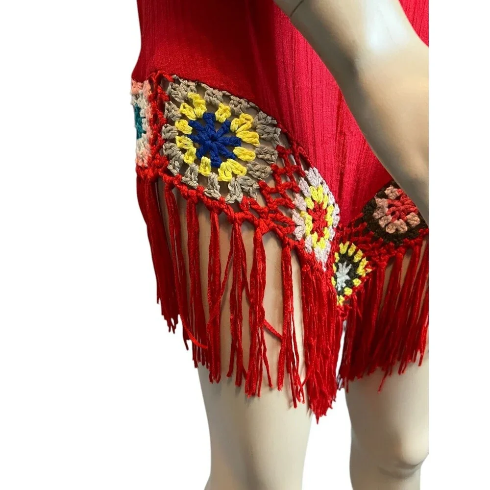 Dasayo Boho V-Neck Red Crochet Trim Swim Cover-up Size M Boho Grandmacore
